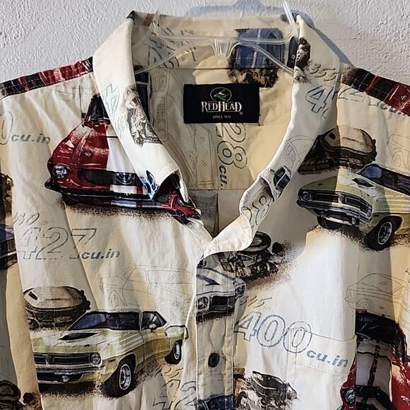 Redhead Hot Rod Drive In Classic Car Print Yellow Short Sleeve Button Mens Xl - Picture 3 of 5